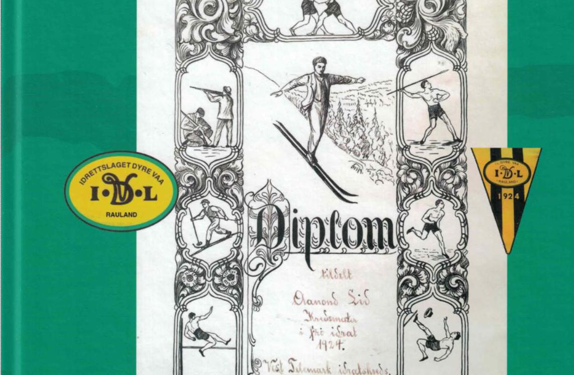 Diplom for idrettsprestasjoner fra 1924 med skiløperbilde og Idrettslaget Dyre Vaa logo.