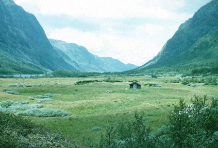 En frodig dal med grønne enger og fjell i bakgrunnen, liten hytte midt på myra. Naturskjønn utsikt i Norge.