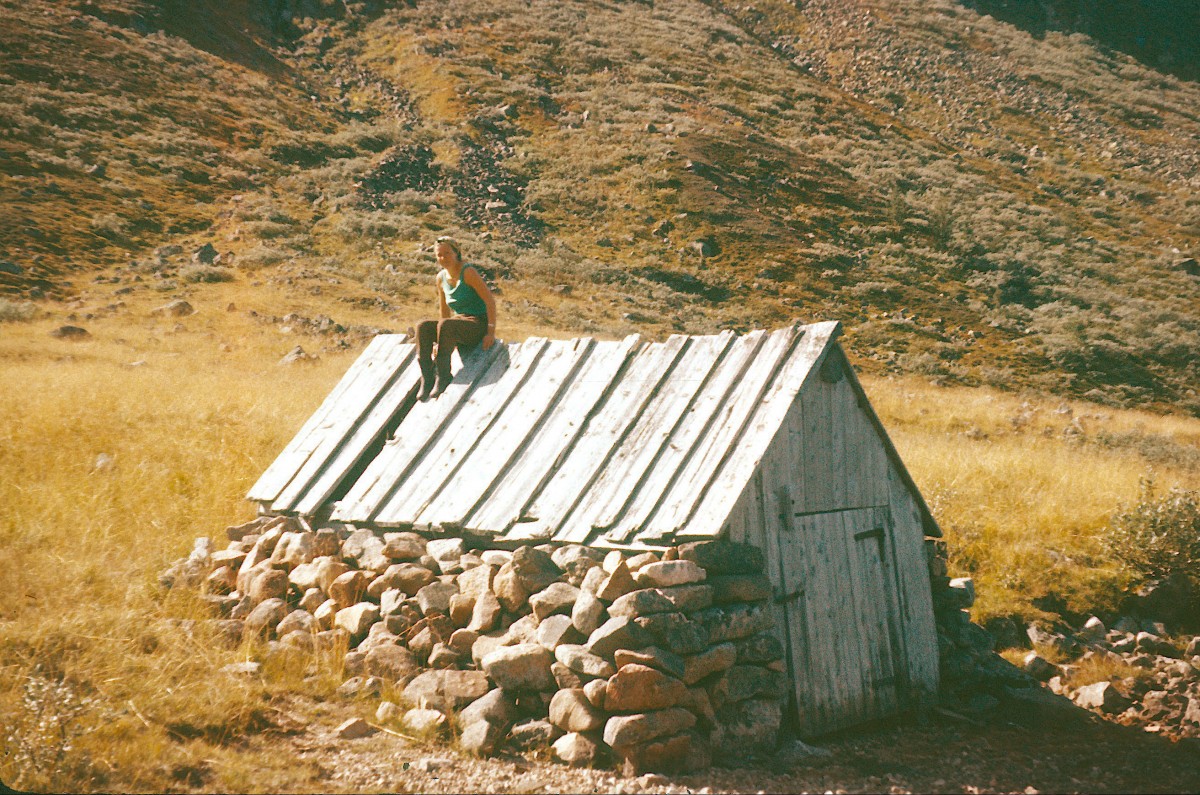 Person på et lite tretak i solfylt fjellandskap, omgitt av gress og stein.