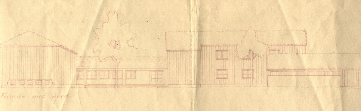 Tegning av bygningsfasade med trær, visning mot nord, arkitektonisk skisse.