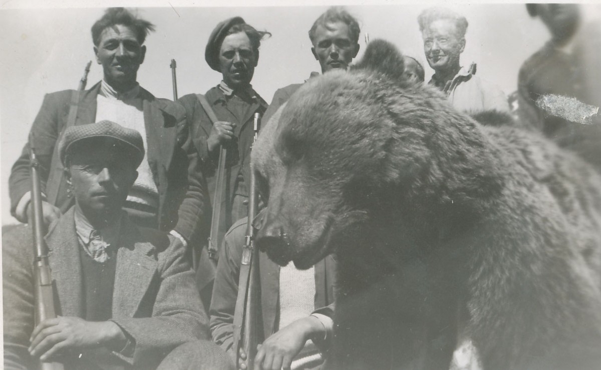 Gruppe med historiske jegere poserer med bjørn. Gammeldags jaktfotografi.