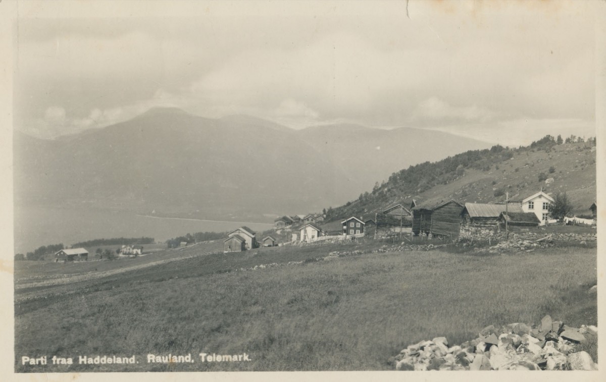 Landskap i Rauland, Telemark, med gårder og fjell i bakgrunnen, historisk postkortbilde fra Haddeland.