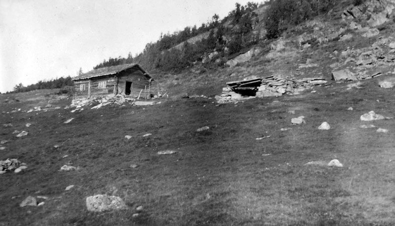 Gammel trehytte i fjellandskap med steingjerde og gresskledd bakke, omgitt av trær og steiner.