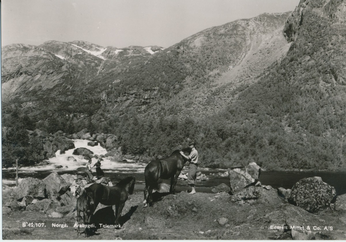To personer med hester ved elv i fjellandskap, Arabygdi, Telemark, Norge. Historisk bilde natur og kultur.