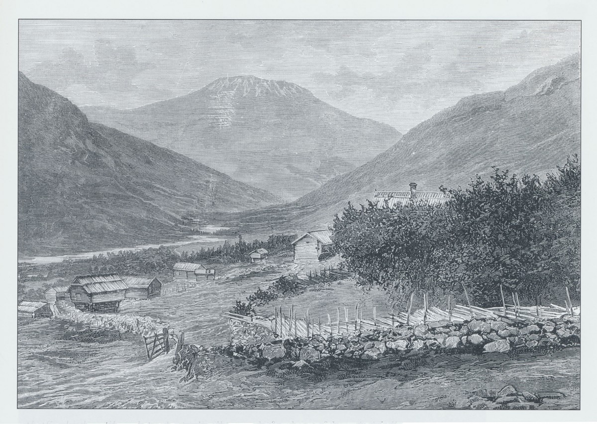 Gammelt norsk landskap med fjell, dal og små hus ved elv, historisk illustrasjon i svart-hvitt.