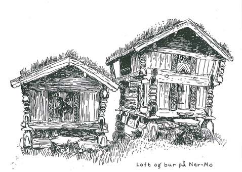To gamle, tradisjonelle norske trehus med torvtak på Ner-Mo gård. Tegning i svart-hvitt.