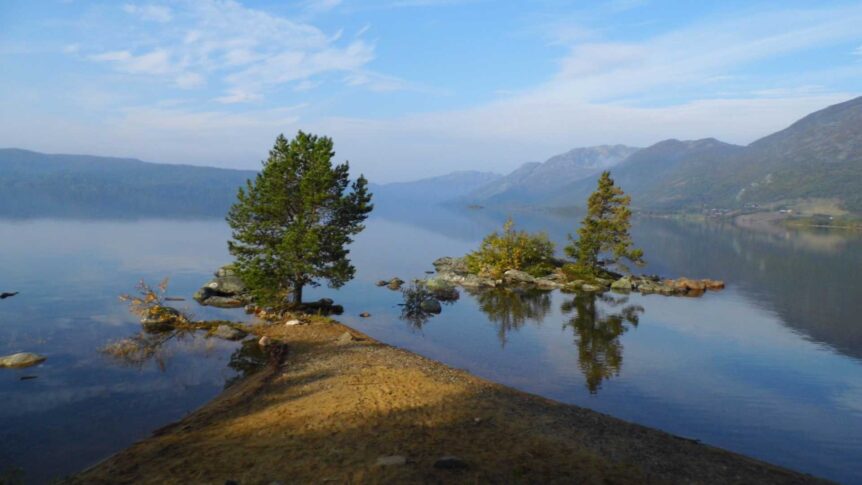 Naturskjønt norsk landskap med trær ved innsjø, fjell i bakgrunnen og speilblankt vann i forgrunnen.