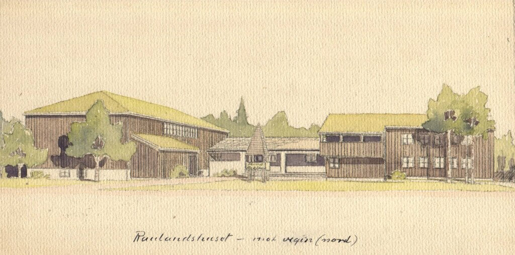 Illustrasjon av Randsvern leirsted med trebygninger og grøntområde, sett fra nord.