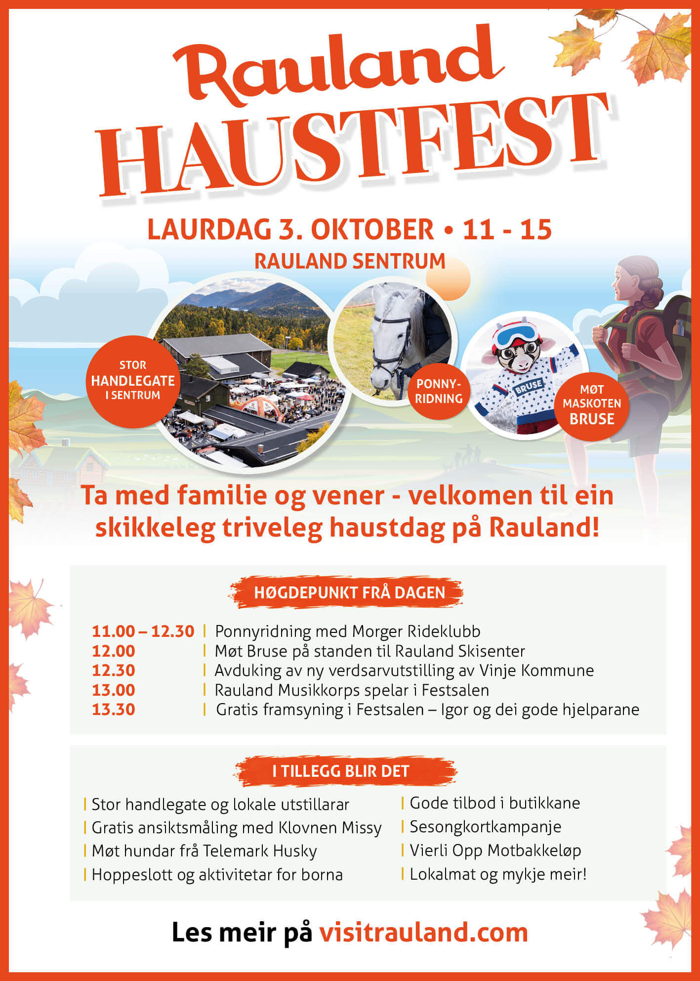 Alt-tekst: Plakat for Rauland Haustfest 3. oktober med aktiviteter som ponyriding, utstillinger og lokalmat i sentrum.