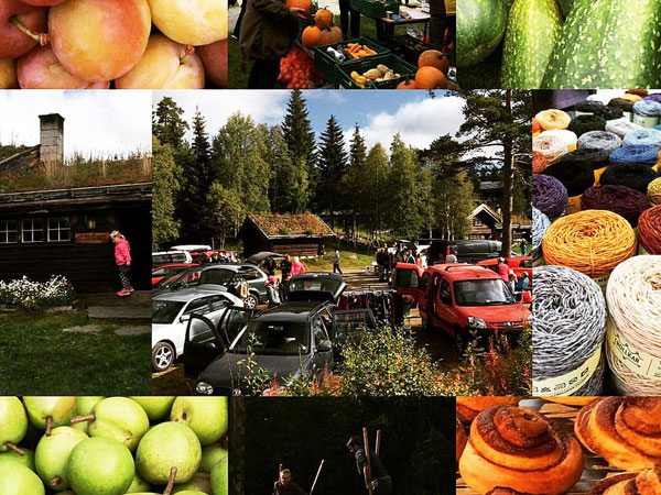 Markedsdag på bygda: Frukt, grønnsaker, garn og biler foran tradisjonelle norske hus omgitt av skog.