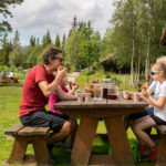 Familie på piknik i solfylt landskap, nyter mat ved trebenk på gressplen, omgitt av natur og tradisjonelle hytter.