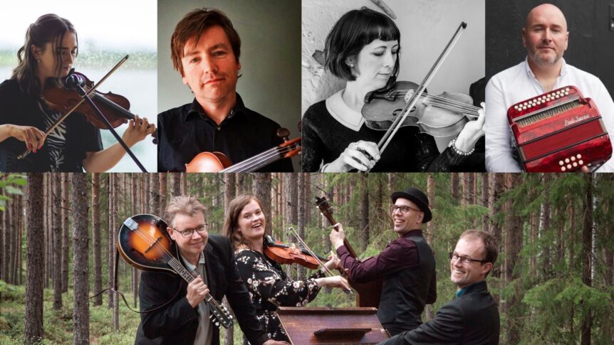 Ensemble av musikere med fiolin og trekkspill i skog og interiør. Skandinavisk folkemusikk.