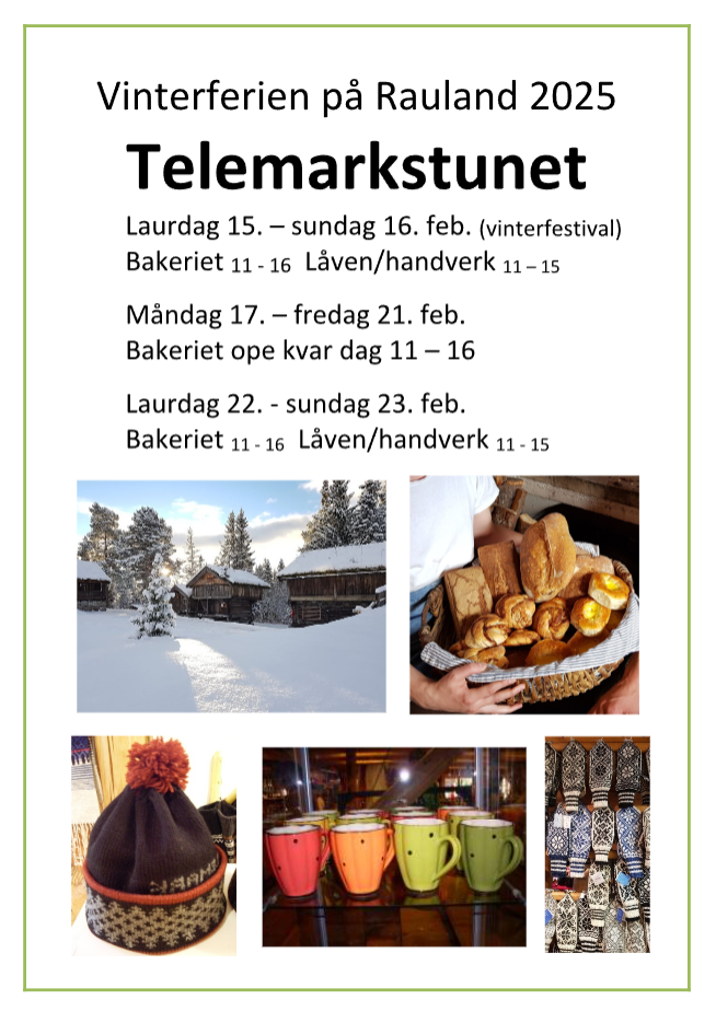 Vinterferie i Rauland 2025 på Telemarkstunet med bakeri, håndverk og vinterfestival. Bilde av snø, bakst og varer.
