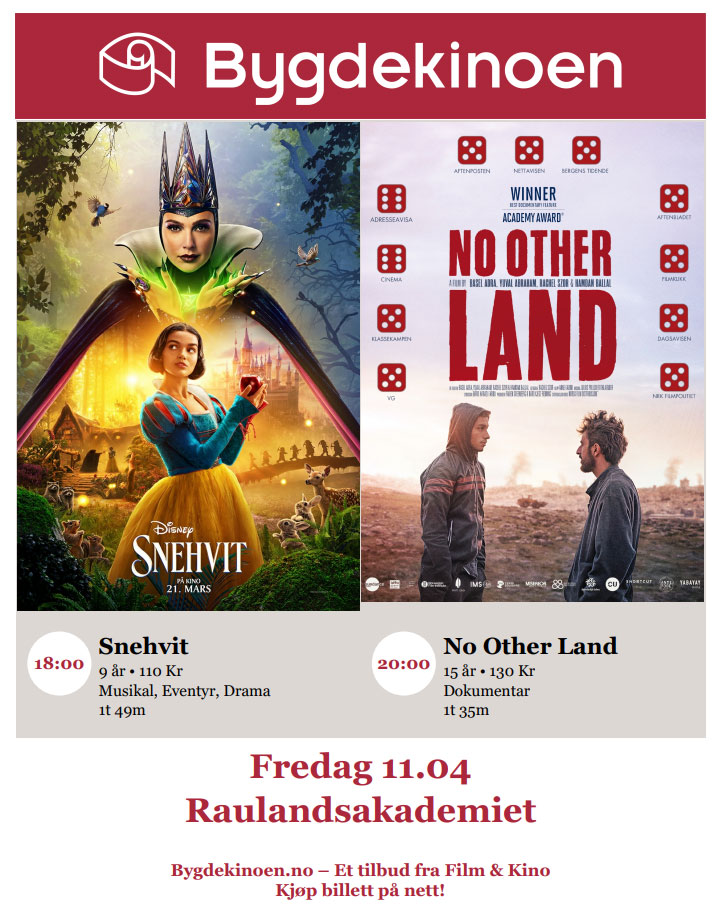 Plakat for filmaften på Raulandsakademiet 11.04 med filmene Snehvit og No Other Land.