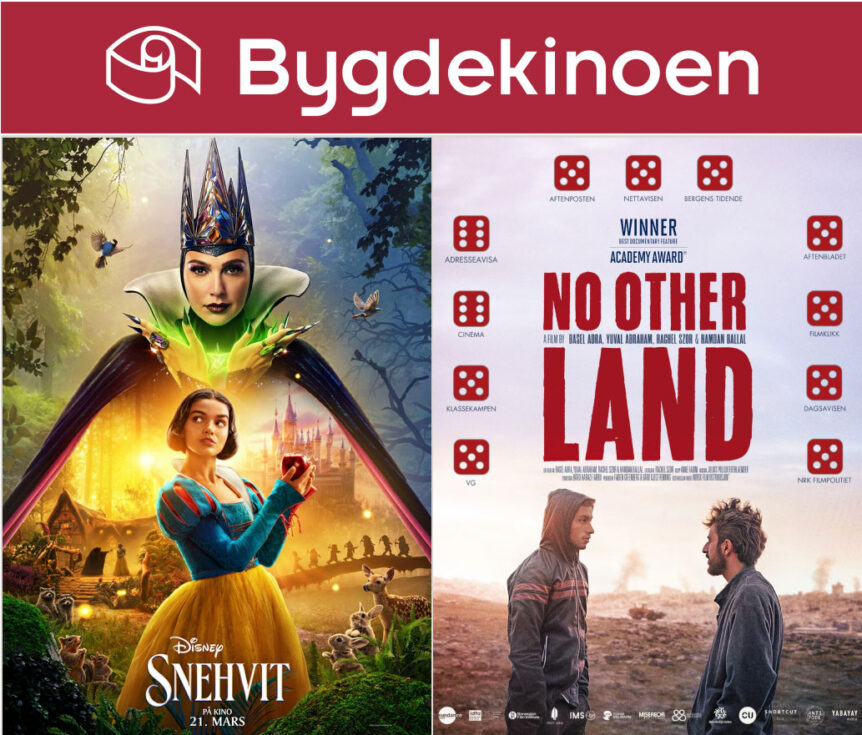 Bygdekinoen presenterer: Snehvit 21. mars og No Other Land med terningkast, plakater.