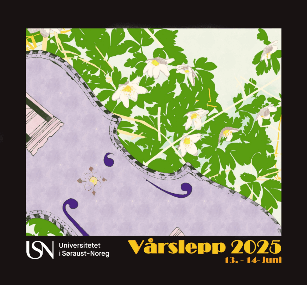 Plakat for Vårslepp 2025 ved Universitetet i Sørøst-Norge, 13.-14. juni, med illustrasjon av blomster.
