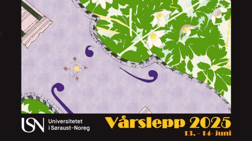 Plakat for Vårslepp 2025 ved Universitetet i Sørøst-Norge, med datoene 13.-14. juni og blomsterdesign.