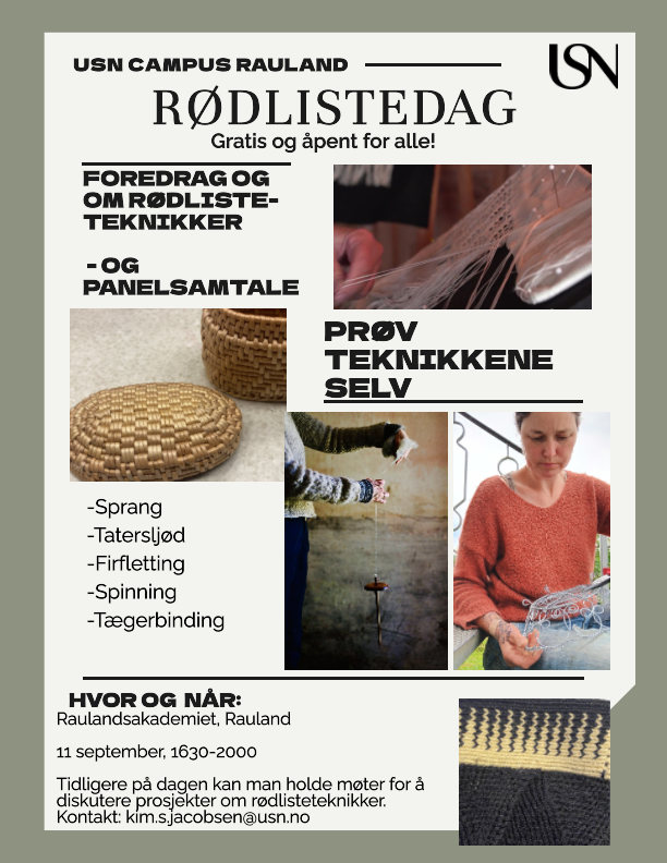 Plakat for RødlisteDag på USN Campus Rauland med demonstrasjoner av tradisjonelle håndverksteknikker.