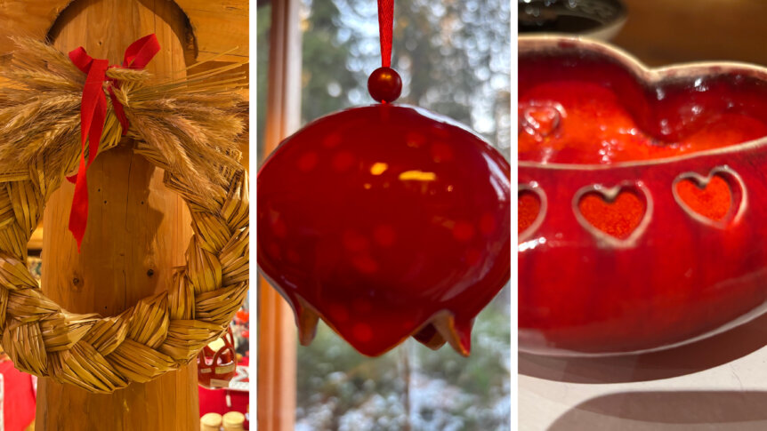 Halmkrans, rød juledekorasjon og hjerteformet keramikk med hjerter. Koselig julepynt i tre deler.