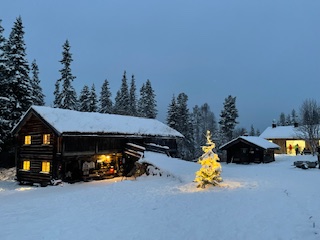 Snødekt hytte i skogen med lysende juletre foran, vinterscene i skumring.