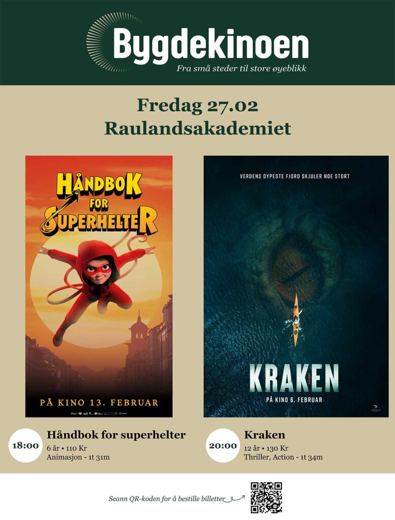 Filmplakat for Håndbok for superhelter og Kraken på Raulandsakademiet, 27. februar. To forestillinger.