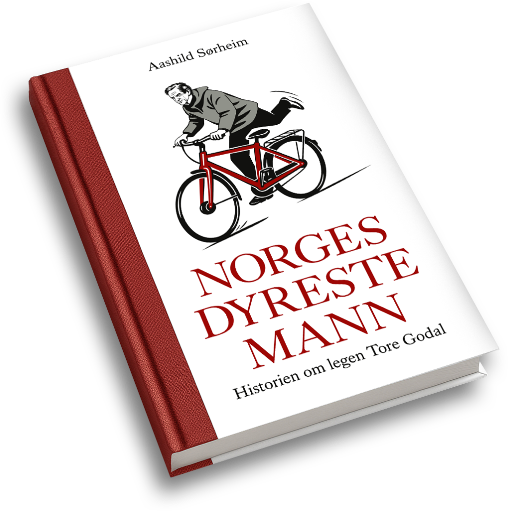 Bilde av boken Norges dyreste mann om legen Tore Godal, illustrert med en mann på sykkel.