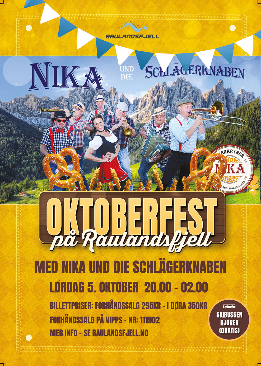 Oktoberfest på Raulandsfjell-plakat med bandet, folk i tradisjonelle klær, bretzels, fjellbakgrunn.