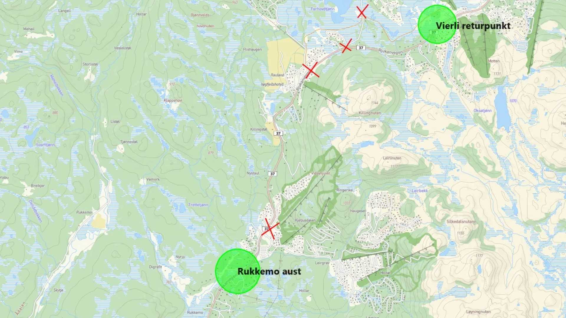 Kart over Rukkemo aust til Vierli returpunkt med rute og markerte kryss.