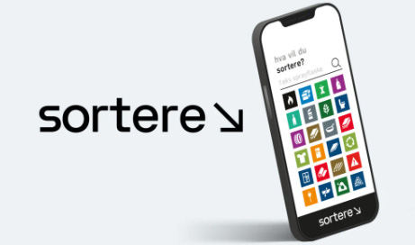 Mobilapp for kildesortering med ikoner for ulike avfallstyper, merket sortere på skjermen.
