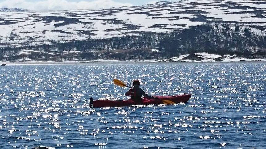 Kajakkpadler på skinnende fjord, med snødekte fjell i bakgrunnen, under strålende sollys.