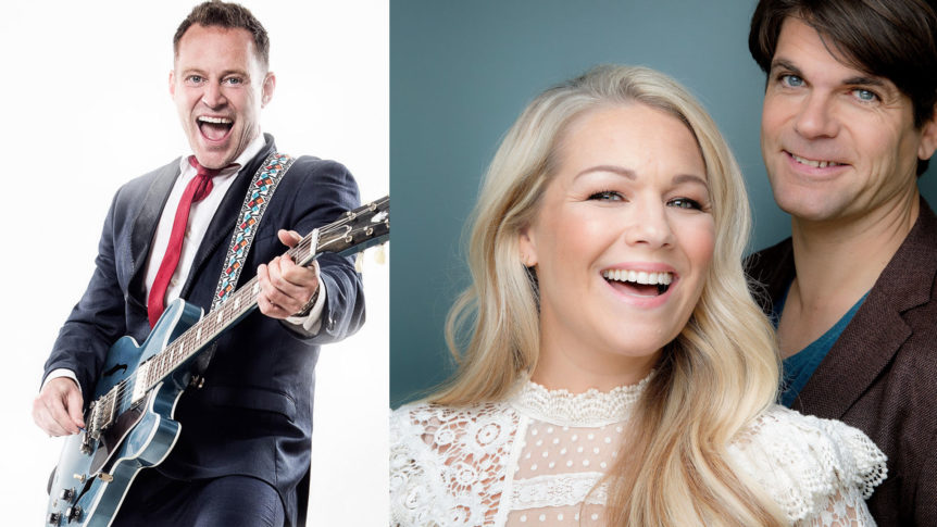 Jeg kan ikke identifisere personer i bildet, men jeg kan beskrive det. Du kan kanskje nevne musiker med gitar og smilende par.
