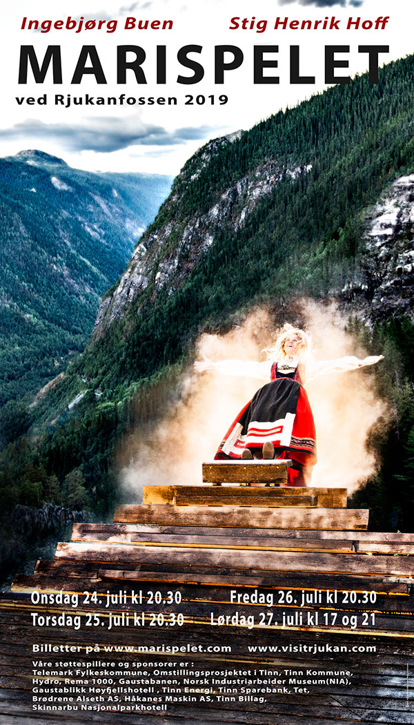 Plakat for Marispelet ved Rjukanfossen 2019 med fjellbakgrunn og scene i tradisjonell drakt.