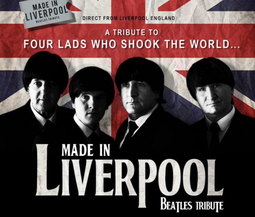Tributeband Made in Liverpool foran Union Jack, hyller The Beatles med «Four Lads Who Shook the World».