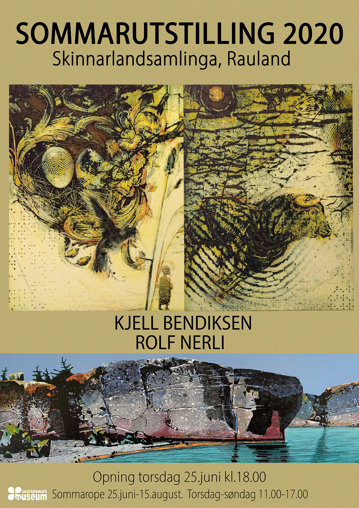 Plakat for sommarutstilling 2020 med kunstverk av Kjell Bendiksen og Rolf Nerli i Rauland, Vest-Telemark museum.