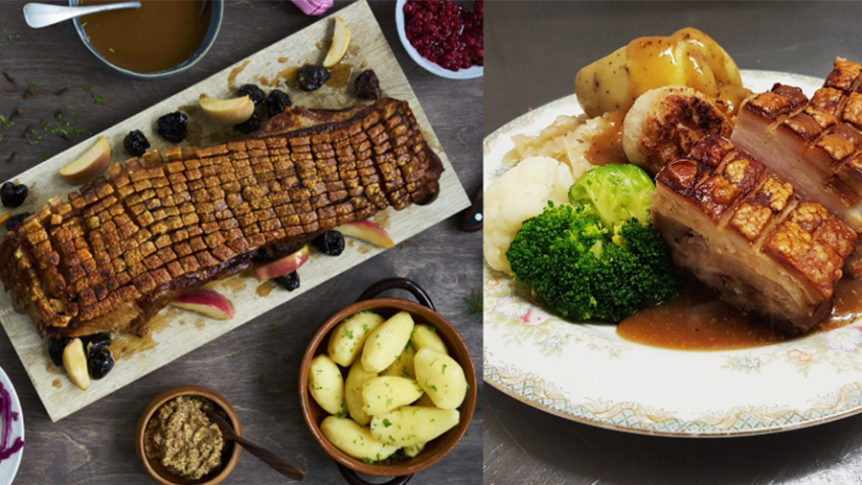 Sprøstekt ribbe med rotgrønnsaker, poteter og saus på serveringsfat til julemiddag.