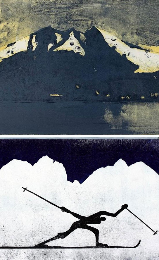 Øvre del viser fjelltopper, nedre del av kunstverket illustrerer en skiløper mot fjellbakgrunn.