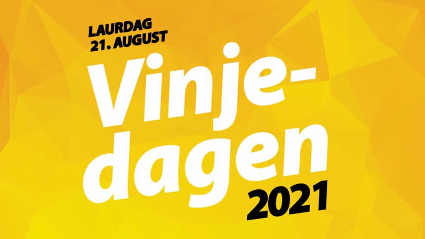 Plakat for Vinjedagen 2021 på oransje bakgrunn, med dato lørdag 21. august, i hvit og svart tekst.