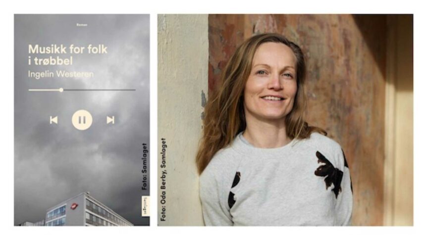 Bokomslag av Musikk for folk i trøbbel av Ingelin Westeren og bilde av kvinne ved murvegg.