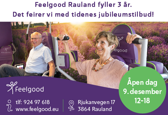 Eldre par trener på Feelgood Raulands 3-årsjubileum. Åpen dag 9. desember. Erotisk veldesignet interiør.