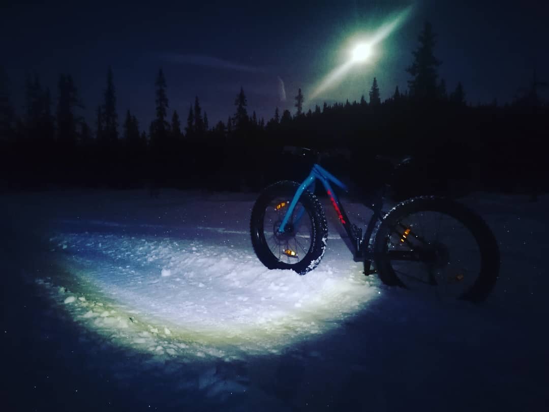 Fatbike på snødekt sti om natten, opplyst av månen og sykkellys, omgitt av mørk skog.