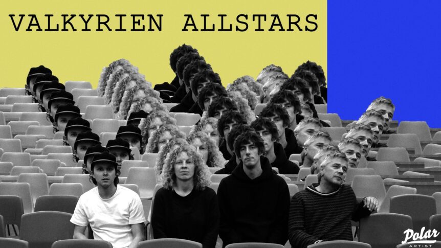 Gruppebilde av Valkyrien Allstars foran en collage med flere kopier av ansiktene deres i en fargerik bakgrunn.