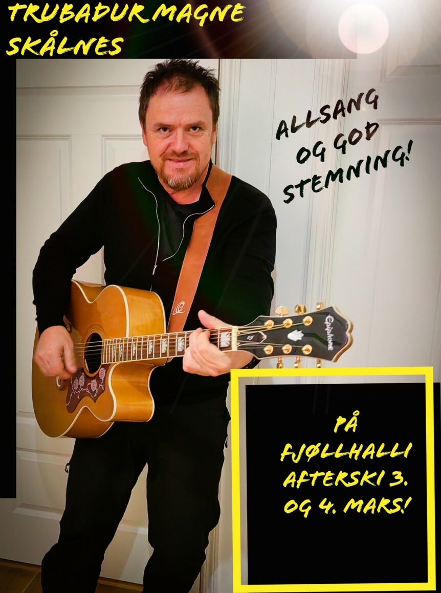 Trubadur spiller gitar, inviterer til allsang på Fjellhalli Afterski 3. og 4. mars. God stemning!