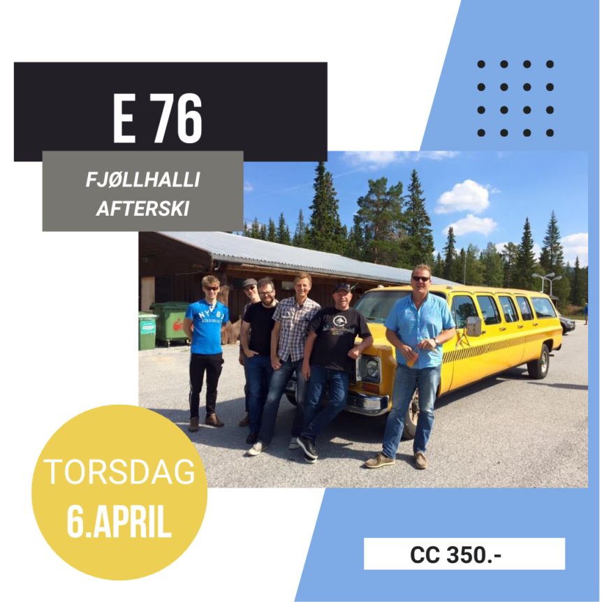 Gruppe foran gul bil ved Fjøllhalli Afterski, torsdag 6. april. Arrangement med inngangsbillett på 350 kr.