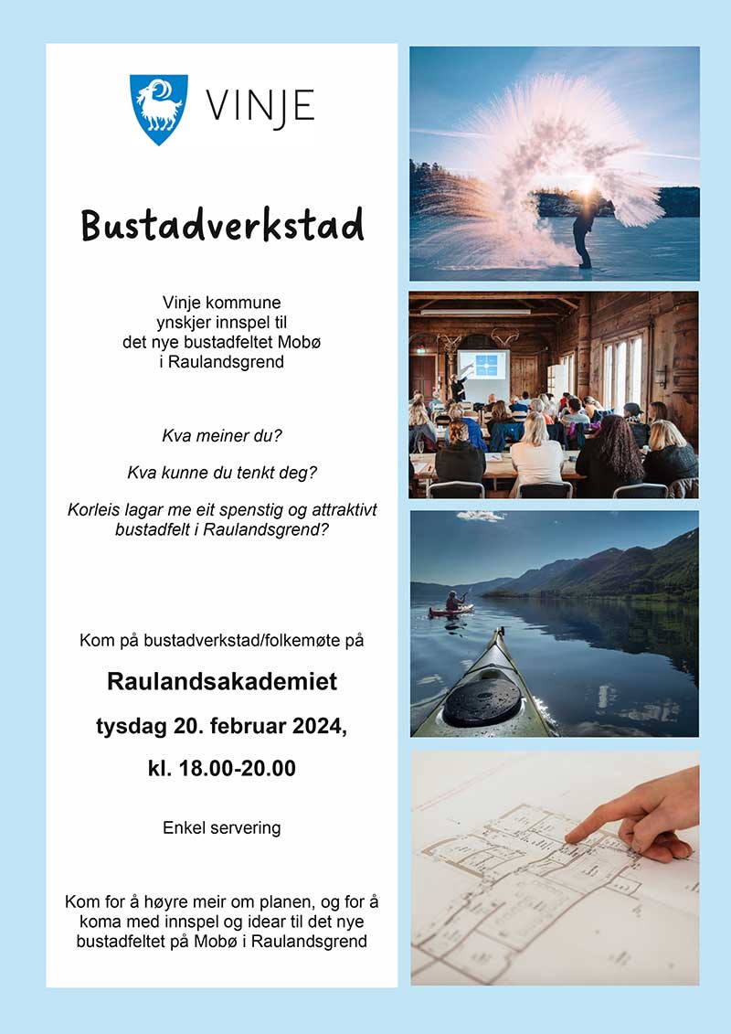 Plakat for bustadverkstad i Vinje kommune, 20. februar 2024, med naturskjønne bilder og møteinnkalling.