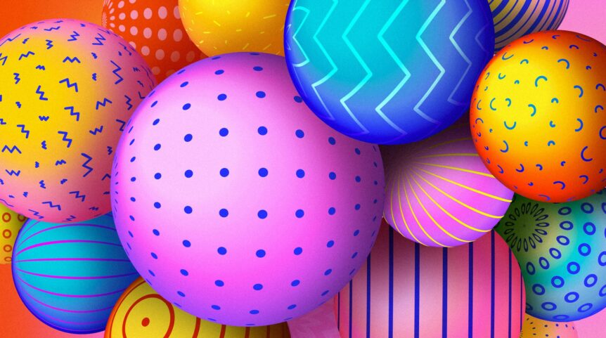 Fargerike ballonger med ulike mønstre og teksturer mot en fargerik bakgrunn.