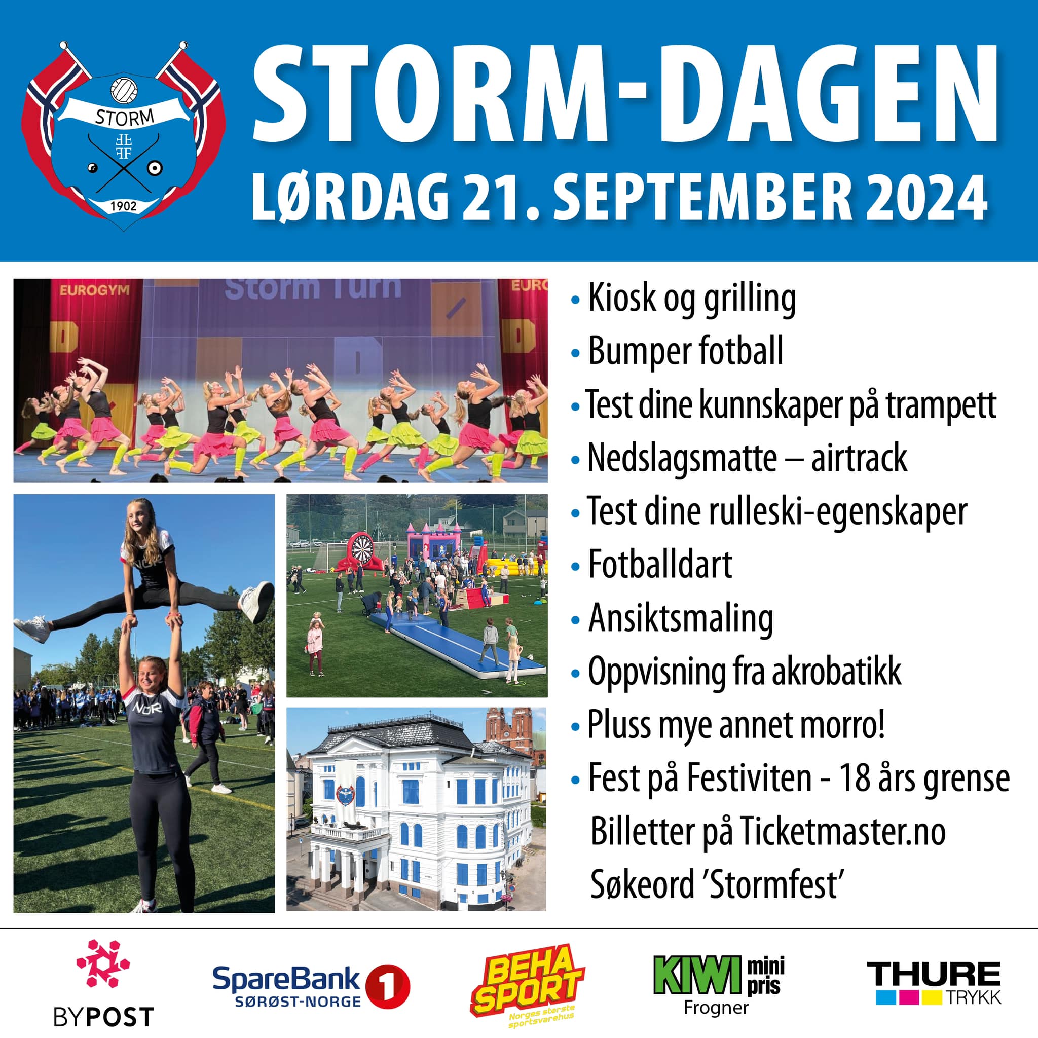 Plakat for Storm-Dagen 2024 med aktiviteter som bumper fotball og ansiktsmaling. Lørdag 21. september 2024.