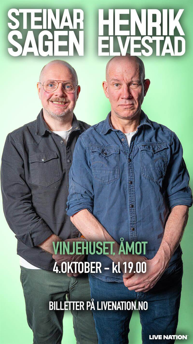 To personer foran grønn bakgrunn, annonsering av show på Vinjehuset, Åmot 4. oktober kl. 19.00. Billetter tilgjengelig.