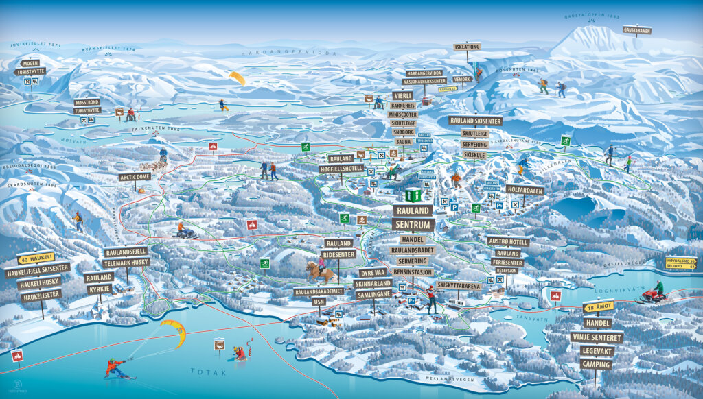 Kart over Rauland, Norge, med skiområder, turstier og attraksjoner om vinteren.