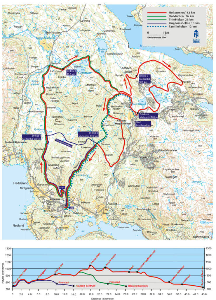 Kart over Helterennet i Norge med løypealternativer på 43 km, 26 km, 13 km og 12 km markert i ulike farger.