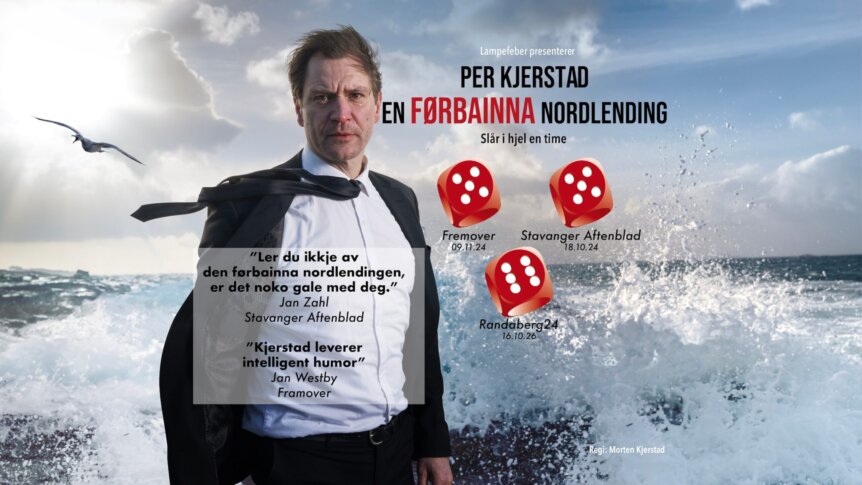 Mann i dress ved sjøen, promoplakat for Per Kjerstad: En Forbainna Nordlending med terningkastanmeldelser.